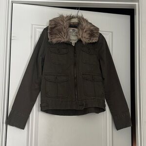 Lucky Brand Khaki Jacket with Faux Fur Trim